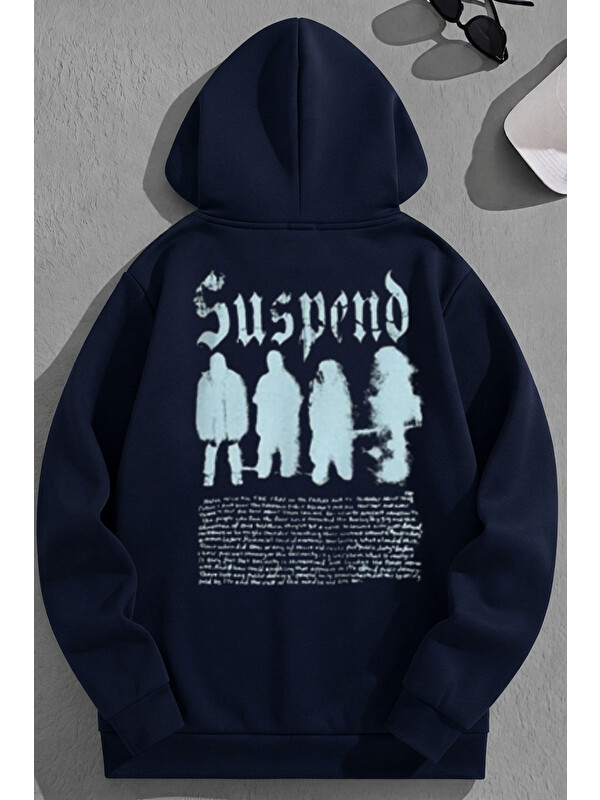 Trendseninle Unisex 3 İplik Pamuklu Lacivert Suspend Baskı Bol Kalıp Sweatshirt Hoodie
