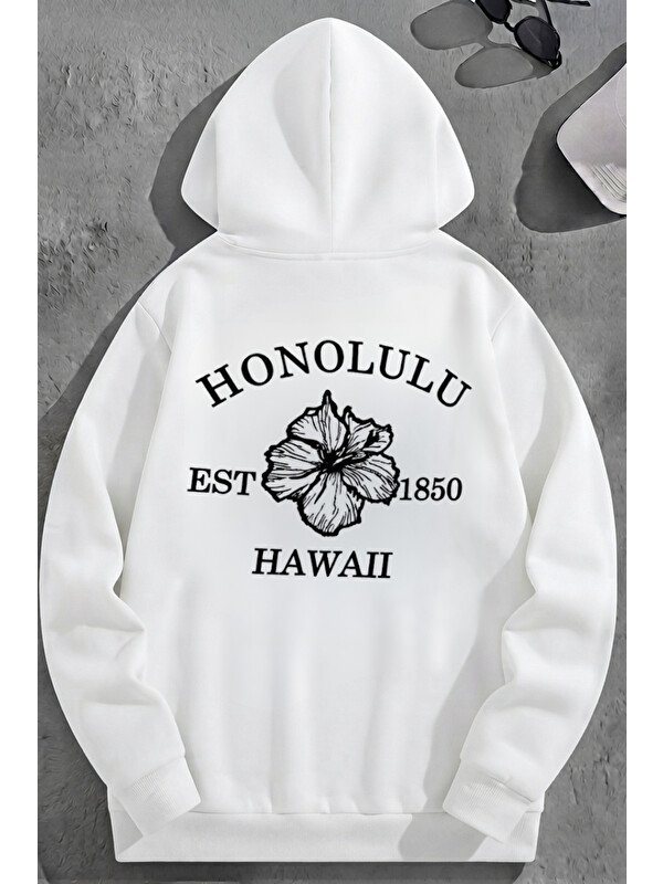 Trendseninle Unisex 3 İplik Pamuklu Beyaz Honolulu Baskı Bol Kalıp Sweatshirt Hoodie
