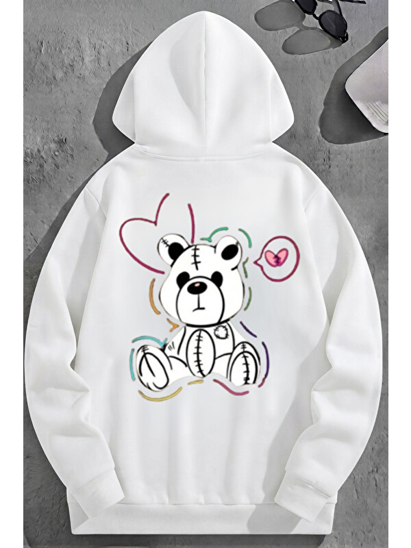 Trendseninle Unisex 3 İplik Pamuklu Beyaz SweatBear Baskı Bol Kalıp Sweatshirt Hoodie