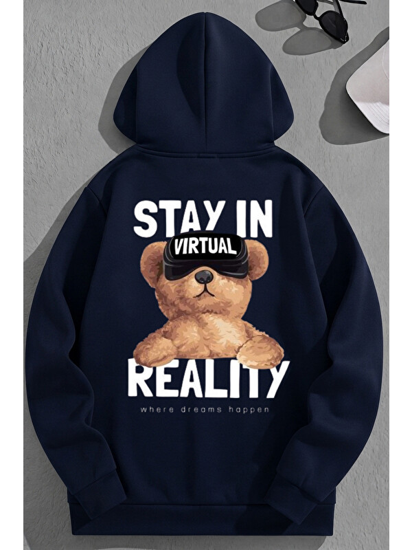 Trendseninle Unisex 3 İplik Pamuklu Lacivert StayIn Baskı Bol Kalıp Sweatshirt Hoodie