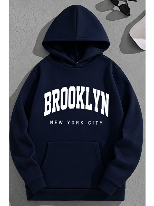 Trendseninle Unisex 3 İplik Pamuklu Lacivert BrooklynNYC Baskı Bol Kalıp Sweatshirt Hoodie