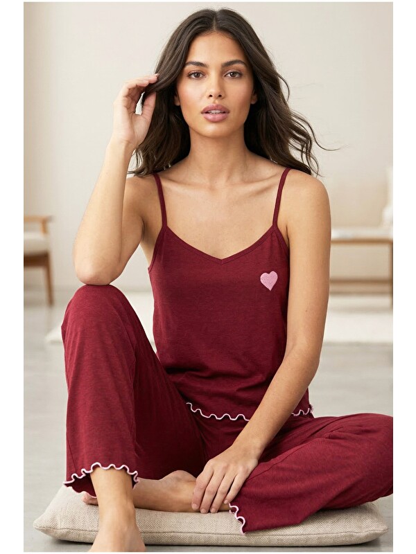 Siyah İnci İp Askılı Örme Pijama Takım 7883