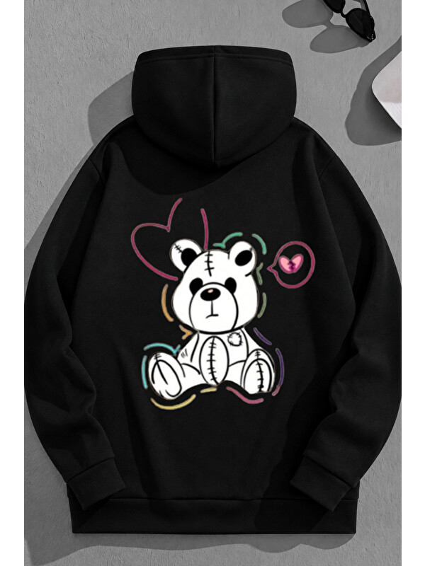 Trendseninle Unisex 3 İplik Pamuklu Siyah SweatBear Baskı Bol Kalıp Sweatshirt Hoodie