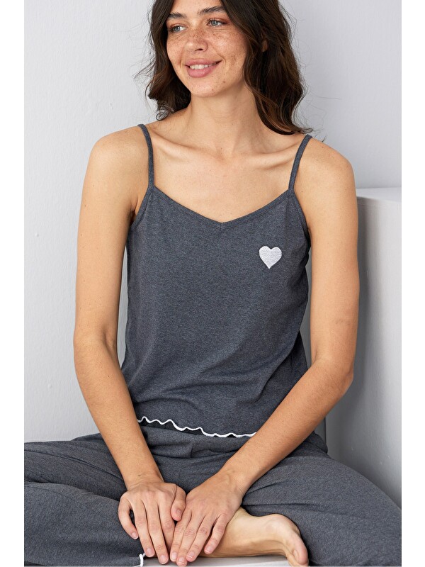 Siyah İnci İp Askılı Örme Pijama Takım 7883