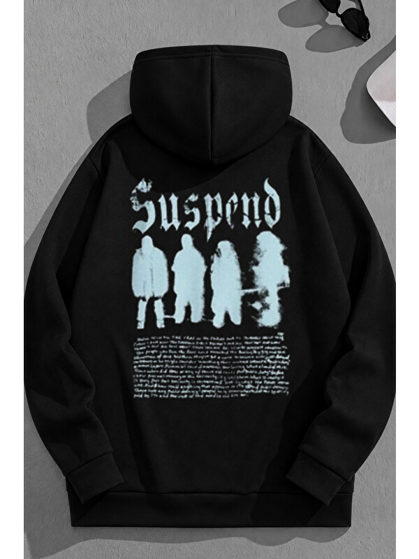 Trendseninle Unisex 3 İplik Pamuklu Siyah Suspend Baskı Bol Kalıp Sweatshirt Hoodie
