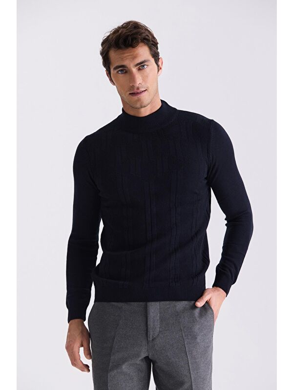 JAKAMEN Lacivert Slim Fit Yarım Balıkçı Desenli Triko Kazak