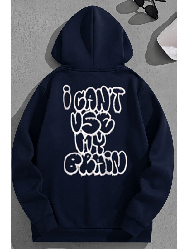 Trendseninle Unisex 3 İplik Pamuklu Lacivert UseMyBrain Baskı Bol Kalıp Sweatshirt Hoodie