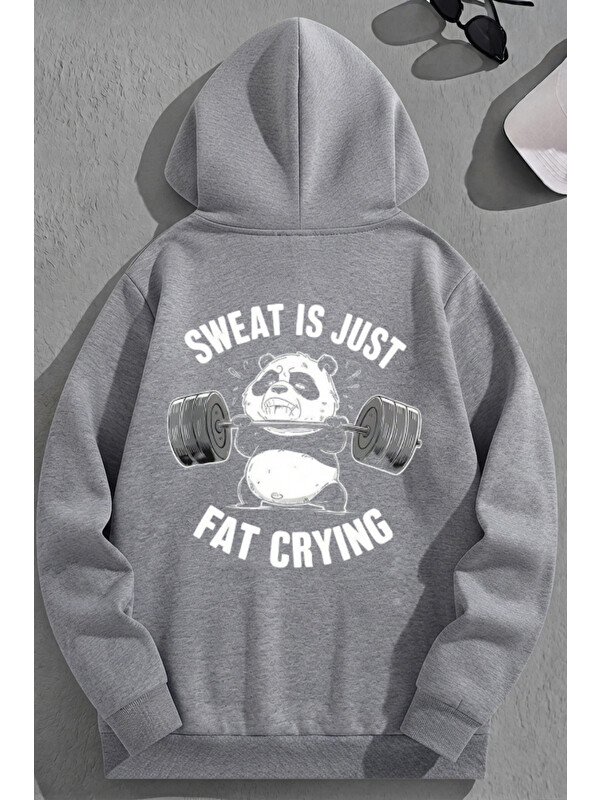 Trendseninle Unisex 3 İplik Pamuklu Gri FatCrying Baskı Bol Kalıp Sweatshirt Hoodie