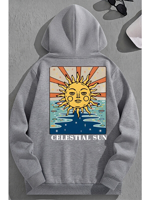 Trendseninle Unisex 3 İplik Pamuklu Gri CelestialSun Baskı Bol Kalıp Sweatshirt Hoodie