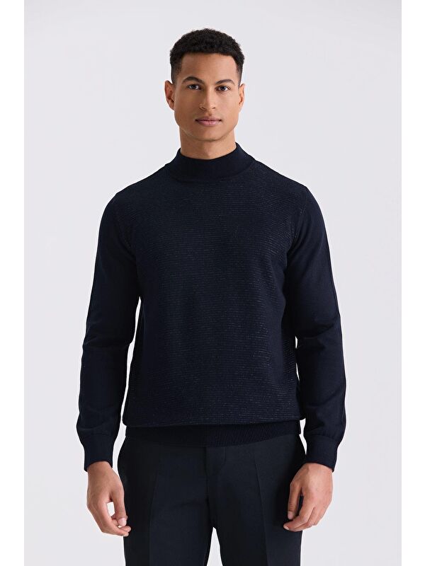 JAKAMEN Lacivert Slim Fit Yarım Balıkçı Yaka Triko Kazak