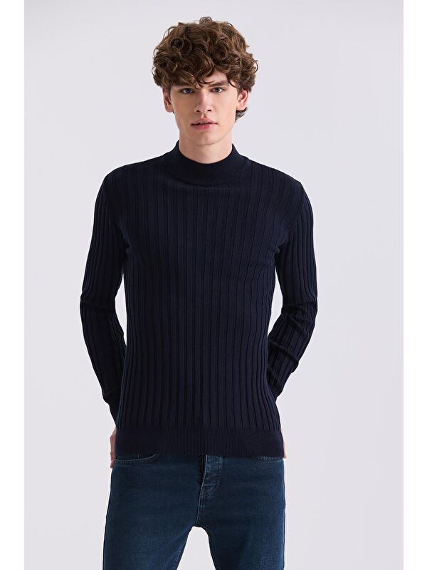 JAKAMEN Lacivert Slim Fit Yarım Balıkçı Triko Kazak
