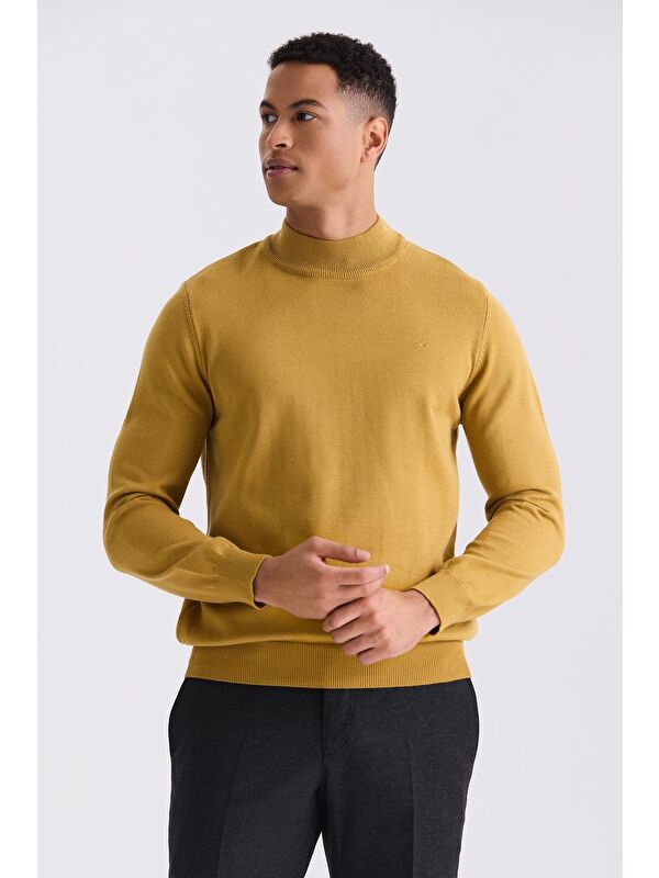 JAKAMEN Hardal Slim Fit Yarım Balıkçı Triko Kazak