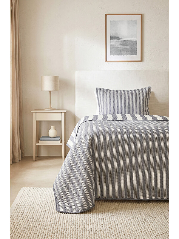 Ocean Home Textile Pamuklu Kapitoneli Antrasit Renk Çizgi Desen Tek Kişilik Yatak Örtüsü Seti 1 Adet 180 x 230 / 1 Adet