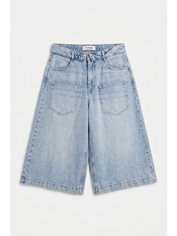 It's Basic Kadın Mavi 4s6-3 Süper Baggy Fit Kemer Detaylı Maxi Boy Denim Jort
