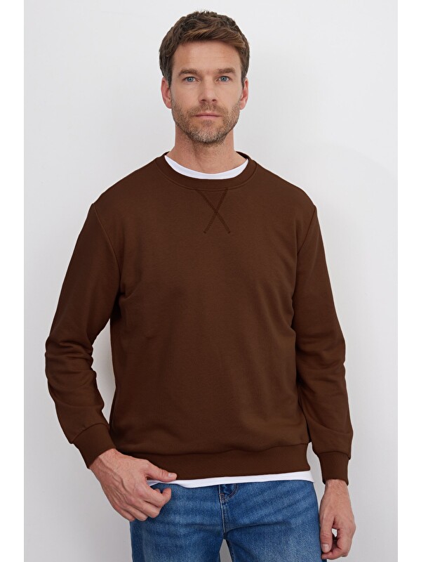 TUDORS Unisex Relax Fit Rahat Kesim %100 Pamuk 3 İplik Basic Kahverengi Bisiklet Yaka Sweatshirt