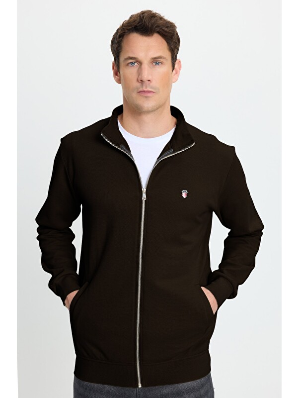 TUDORS Erkek Slim Fit Dar Kesim Pamuklu Tam Fermuarlı Çift Cepli Dik Yaka Koyu Kahverengi Sweatshirt Hırka