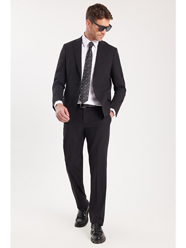 TUDORS Erkek Slim Fit Mono Yaka Elastanlı Esnek Kumaş Siyah Takım Elbise
