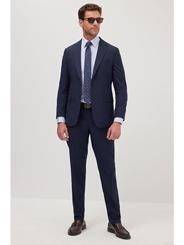 TUDORS Erkek Slim Fit Mono Yaka Elastanlı Esnek Kumaş Lacivert Takım Elbise