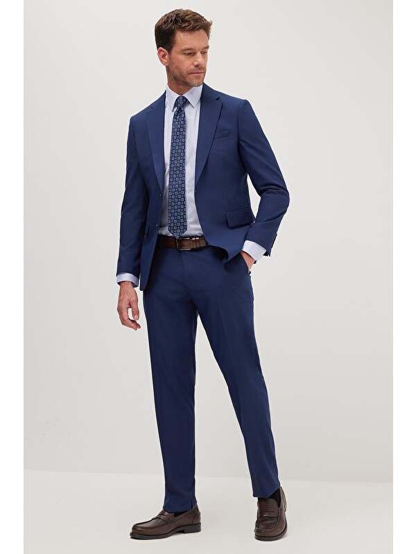 TUDORS Erkek Slim Fit Mono Yaka Elastanlı Esnek Kumaş Koyu Lacivert Takım Elbise