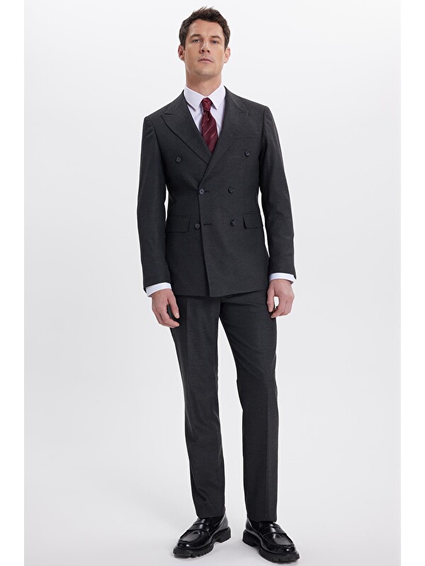 TUDORS Erkek Slim Fit Sivri Yaka Çizgili Kapaklı Cepli Antrasit Takım Elbise