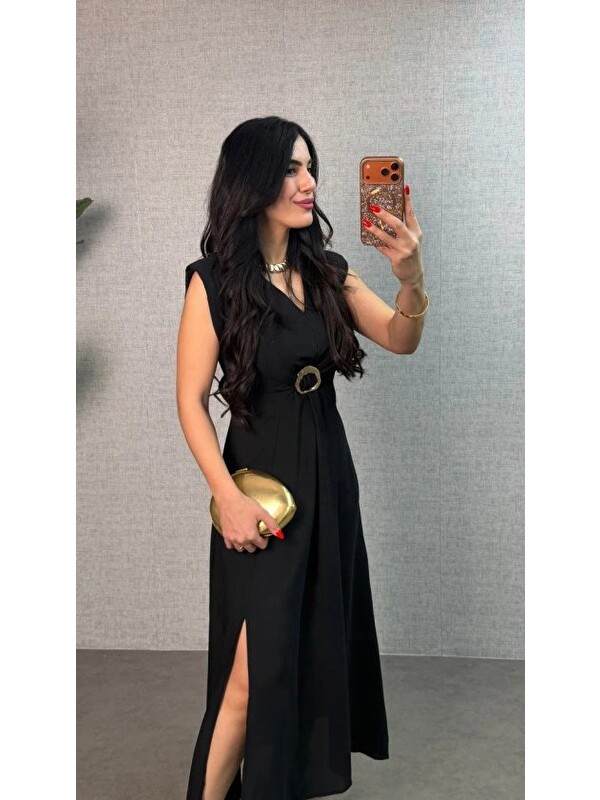 Jane's Kadın Kısa Kollu Vatkalı önden Tokalı Yandan Yırtmaçlı Uzun Ithal Krep Elbise