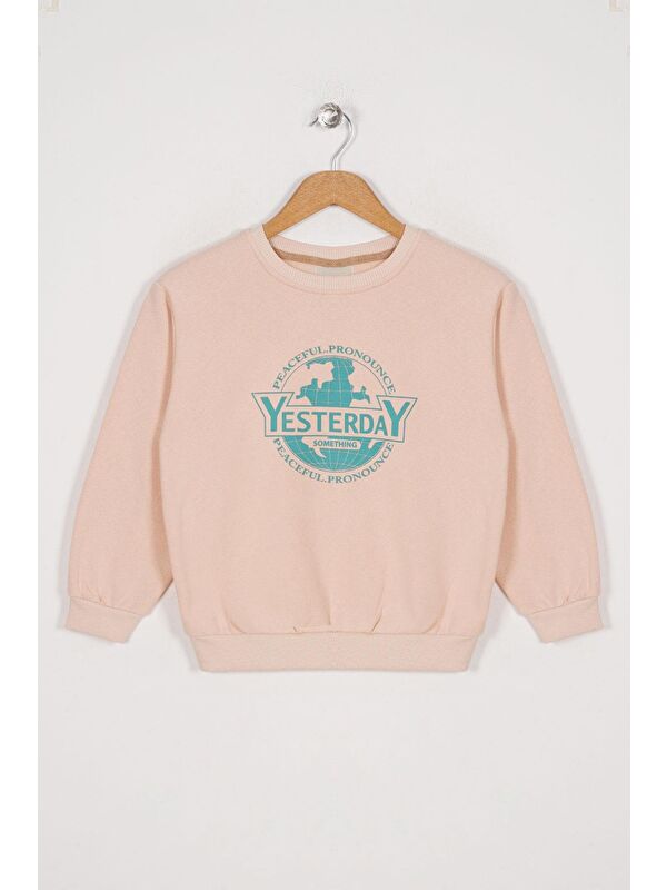 Zepkids Bisiklet Yaka Uzun Kol Yesterday Yazı Baskılı Bej Renk Kız Çocuk Sweatshirt