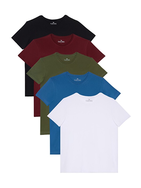 TUDORS Unisex 5'Li Paket Siyah-Beyaz-Bordo-Mavi-Yeşil Slim Fit Dar Kesim %100 Pamuk Bisiklet Yaka Tişört