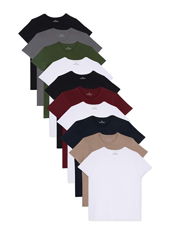 TUDORS Unisex 10'Lu Pkt Siyah-Beyaz-Vizon-Yeşil-Lacivert-Gri-Bordo Slim Fit %100 Pamuk Bisiklet Yaka Tişört