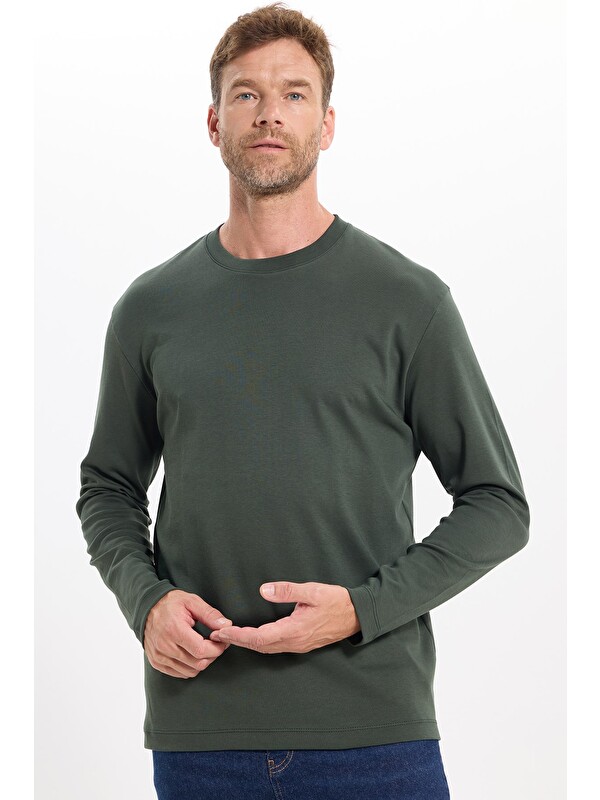 TUDORS Unisex Relax Fit Rahat Kesim %100 Pamuk Uzun Kollu Bisiklet Yaka Yeşil Basic Tişört
