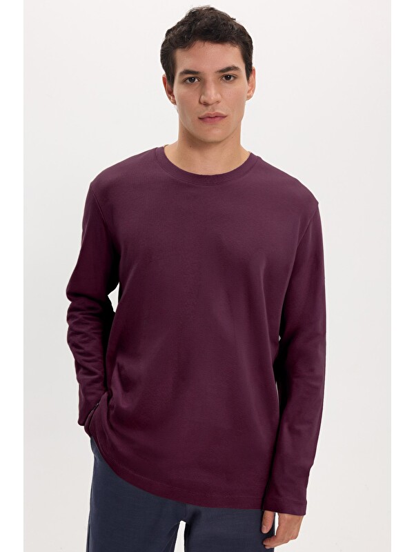 TUDORS Unisex Relax Fit Rahat Kesim %100 Pamuk Uzun Kollu Bisiklet Yaka Bordo Basic Tişört