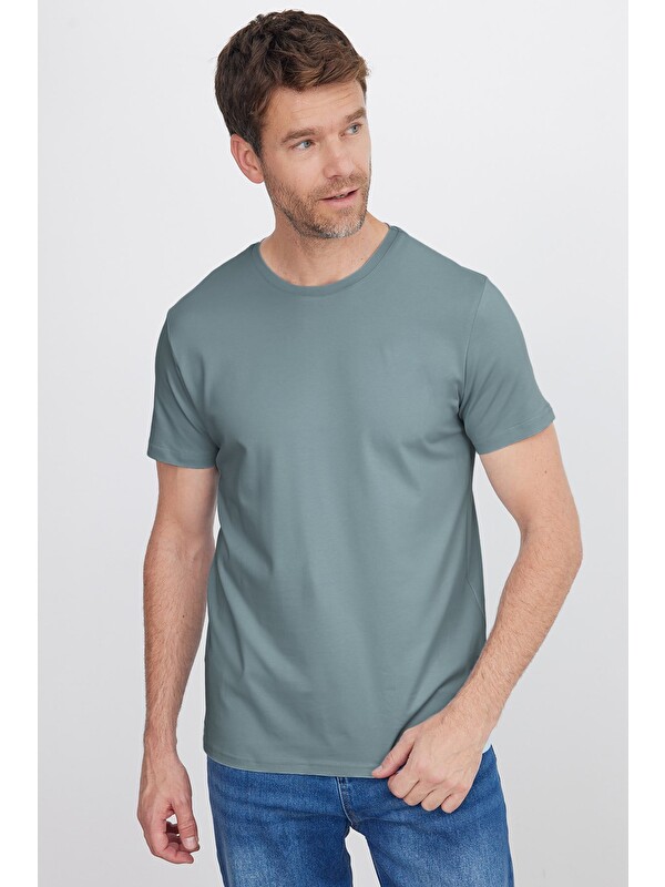 TUDORS Erkek Slim Fit Dar Kesim Pamuklu Yumuşak Doku Esnek Kumaş Basic Açık Petrol Bisiklet Yaka Tişört