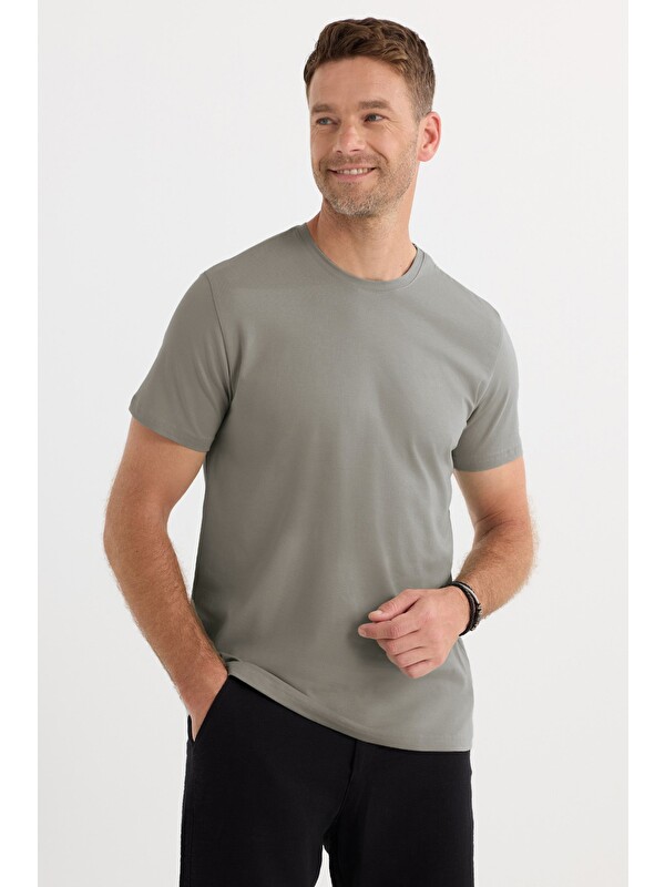 TUDORS Erkek Slim Fit Dar Kesim Pamuklu Yumuşak Doku Esnek Kumaş Basic Gri Bisiklet Yaka Tişört