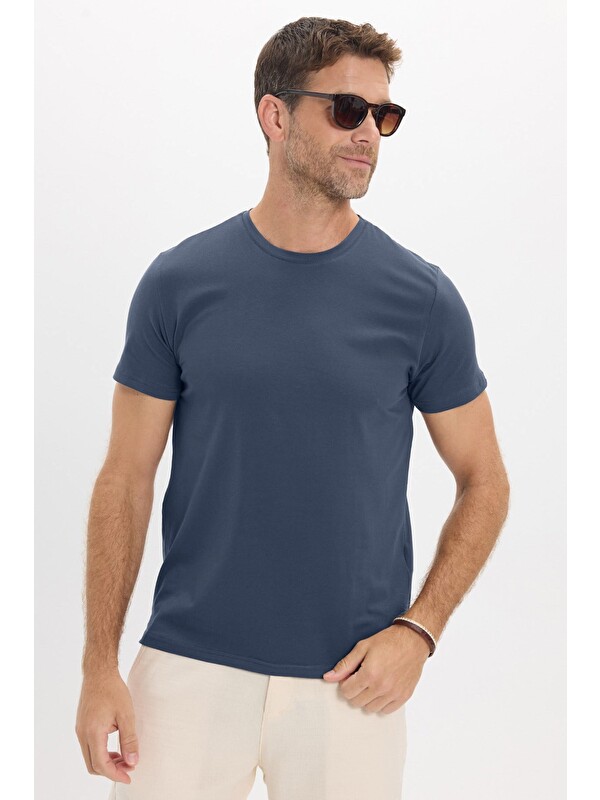 TUDORS Erkek Slim Fit Dar Kesim Pamuklu Yumuşak Doku Esnek Kumaş Basic İndigo Bisiklet Yaka Tişört