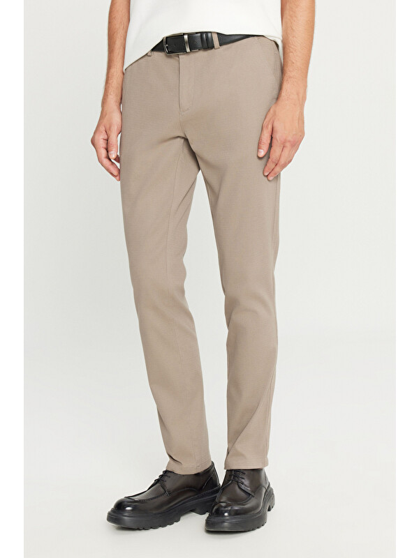 Altınyıldız Classics Erkek Bej Pamuklu Slim Fit Dar Kesim Yan Cep Armürlü Esnek Casual Pantolon