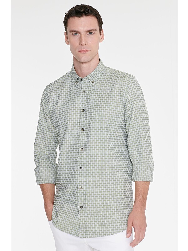 AC&Co / Altınyıldız Classics Erkek Yeşil %100 Pamuk Slim Fit Dar Kesim Düğmeli Yaka Armürlü Gömlek