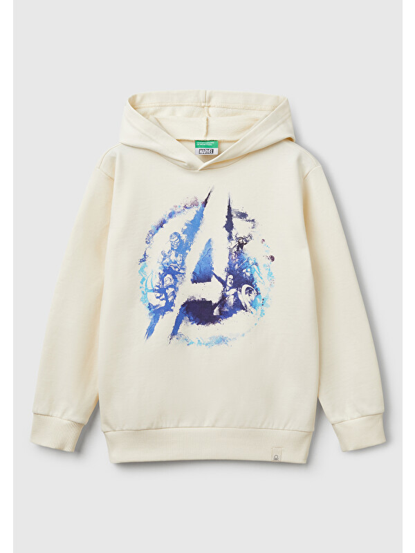 United Colors Of Benetton Erkek Çocuk Ekru Marvel Kahraman Baskılı Etiket Logolu Kapüşonlu Sweatshirt