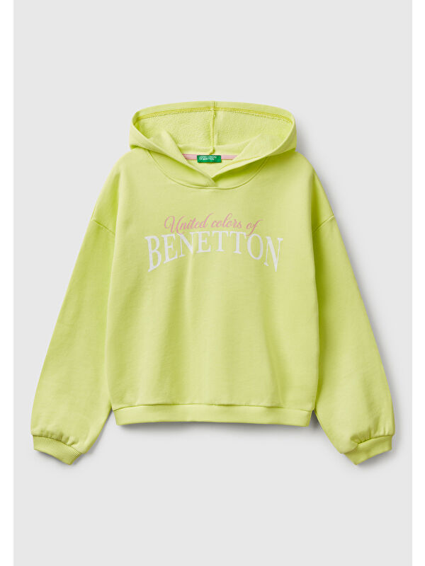 United Colors Of Benetton Kız Çocuk Sarı Benetton Logo Baskılı Kapüşonlu Sweatshirt