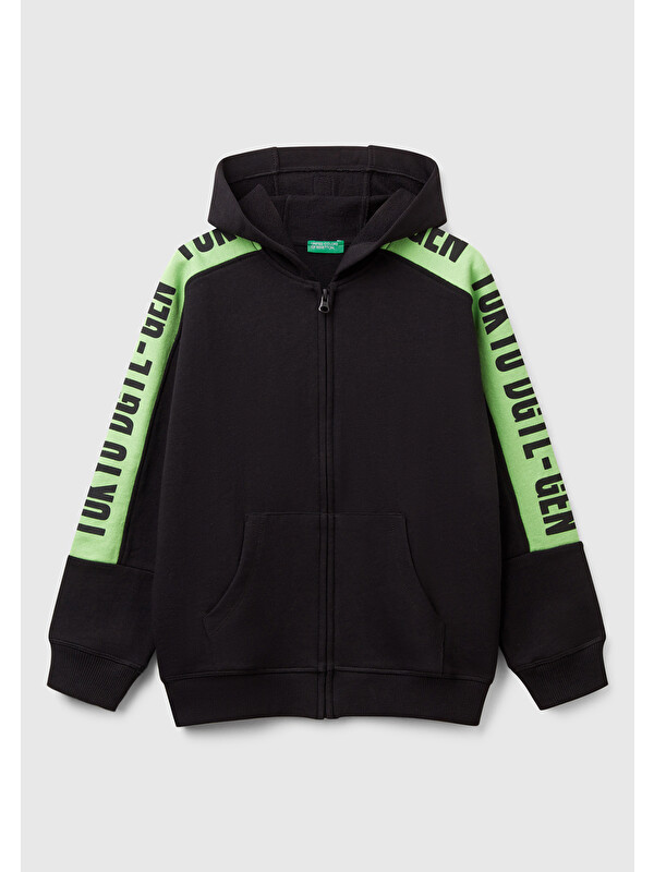 United Colors Of Benetton Erkek Çocuk Siyah Kolları Baskı Şerit Detaylı Fermuarlı Kapüşonlu Sweatshirt