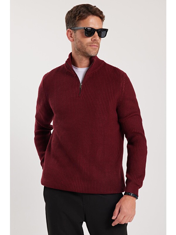 TUDORS Erkek Slim Fit Dar Kesim Fermuarlı Bordo Dik Yaka Triko Kazak