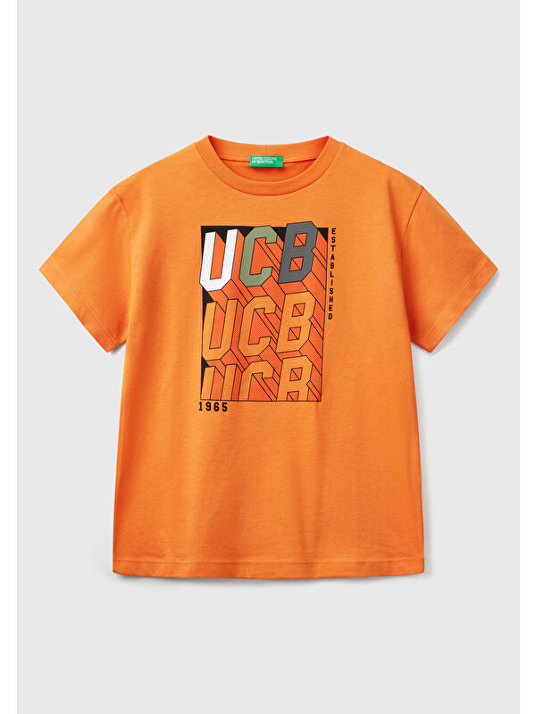 United Colors Of Benetton Erkek Çocuk Turuncu Benetton Logo Baskılı Tişört