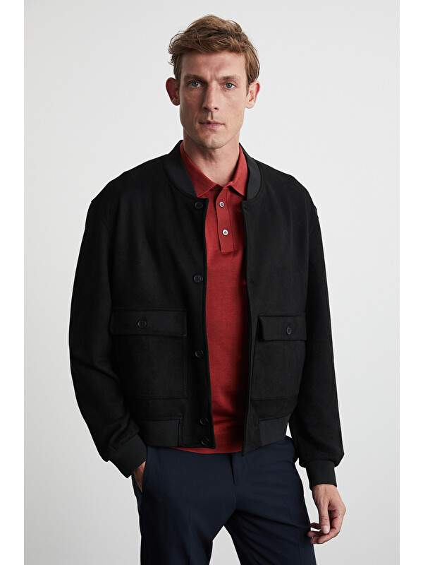 GRIMELANGE PREPPY Erkek Güderi Kumaşlı Yumuşacık Bomber Tipi SİYAH Ceket