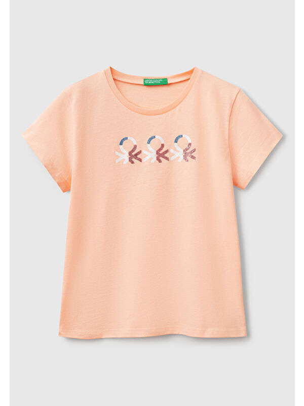 United Colors Of Benetton Kız Çocuk Yavruağzı Simli Logo Baskılı Tişört