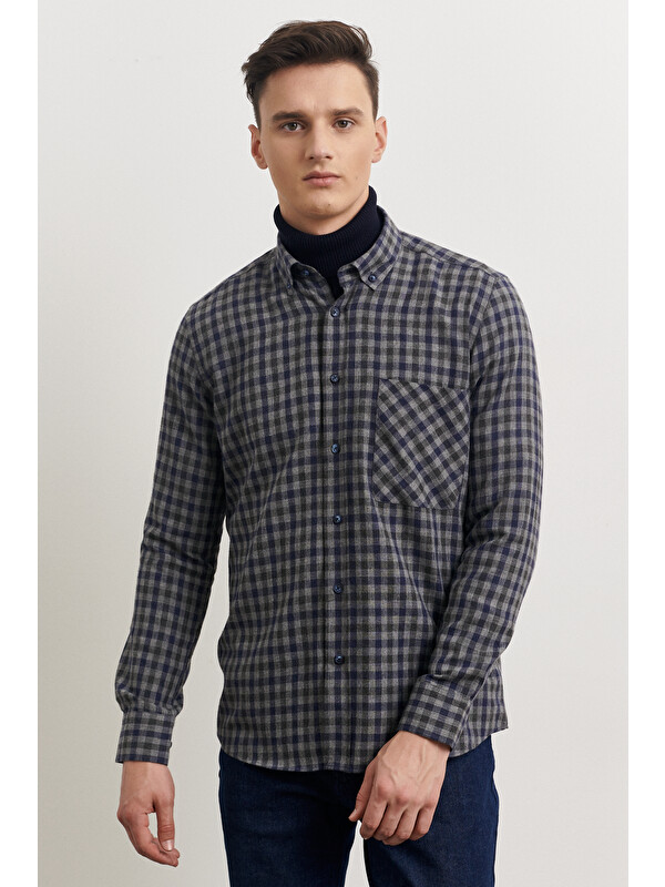 AC&Co / Altınyıldız Classics Erkek Gri-Lacivert Oversize Bol Kesim Dik Yaka Düz Sweatshirt