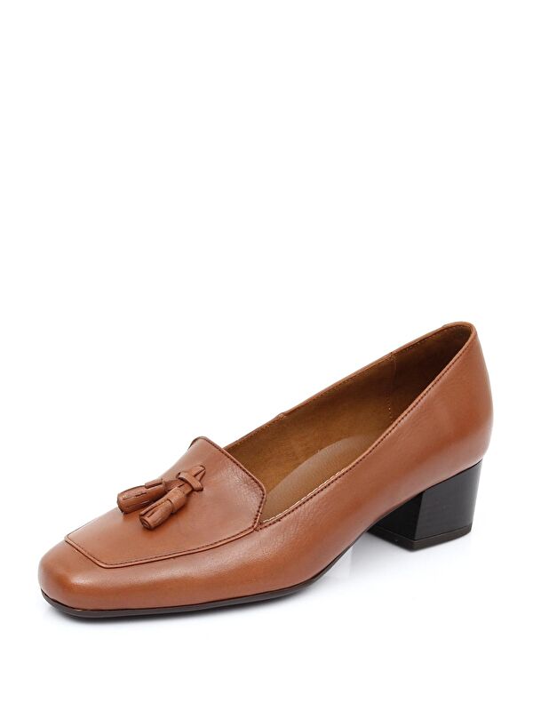 Gonderi(r) Kahverengi Gonderi(r) Hakiki Deri Küt Burun Kısa Kalın Topuklu Püsküllü Kadın Ayakkabı 13313