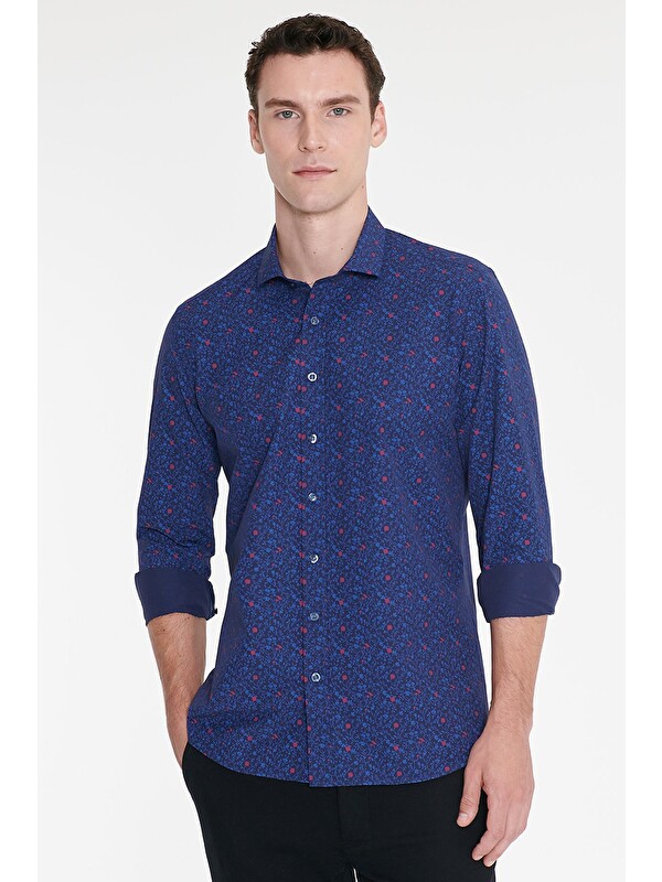 AC&Co / Altınyıldız Classics Erkek Lacivert-Mavi Pamuklu Slim Fit Dar Kesim Küçük İtalyan Yaka Baskılı Gömlek