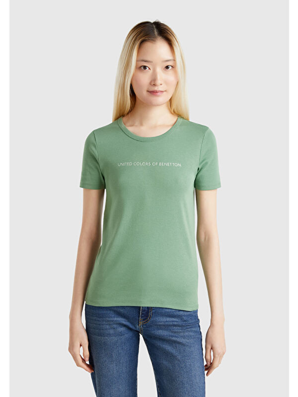 United Colors Of Benetton Kadın Açık Yeşil 100 Pamuk Benetton Yazılı Basic T Shirt