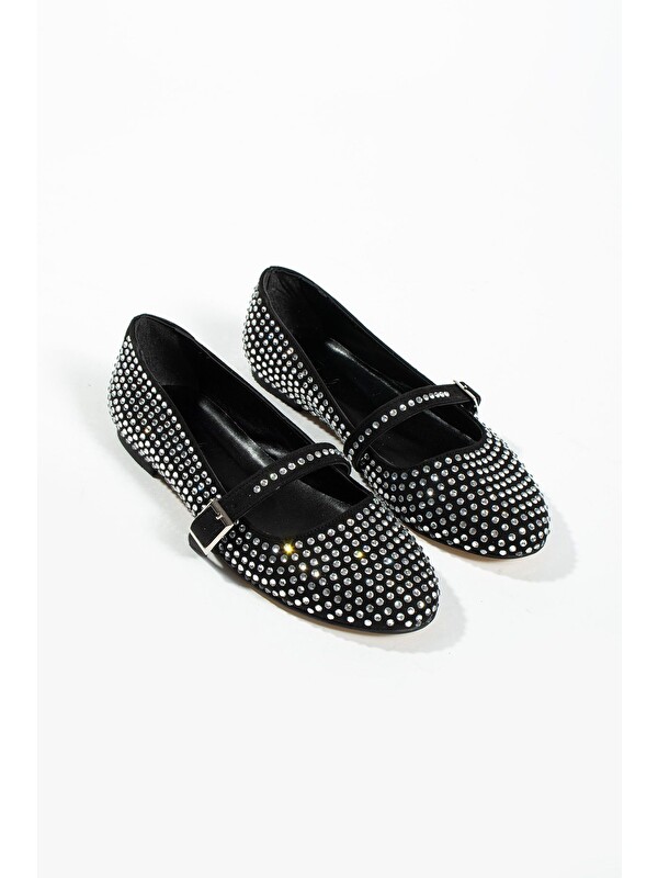 DUXAL SHOES Kadın Baretli Taşlı Babet Ayakkabı Mary Jane Tevila Siyah