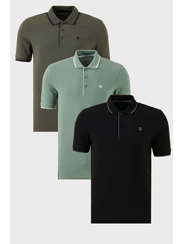 Buratti Pamuklu Slim Fit Şerit Detaylı Düğmeli Polo Yaka 3'lü Paket %100 Pamuk Tişört 5902118S3