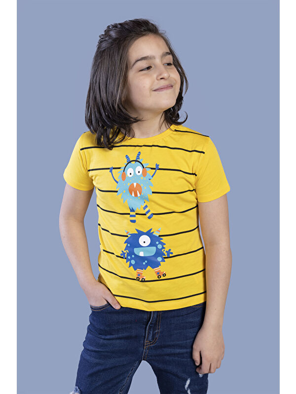 Toontoykids Erkek Çocuk Çizgili Canavar Baskılı Tişört