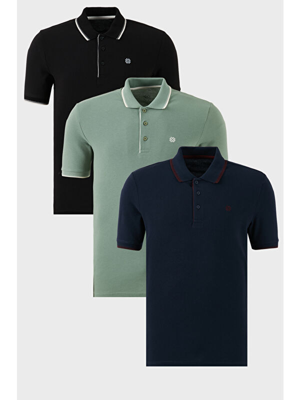 Buratti Pamuklu Slim Fit Şerit Detaylı Düğmeli Polo Yaka 3'lü Paket %100 Pamuk Tişört 5902118S3